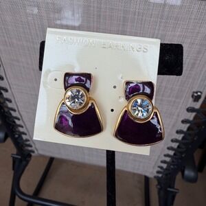 Retro 1990s Door Knocker Earrings, Royal Purple & Gold Geometric Glam Art Deco